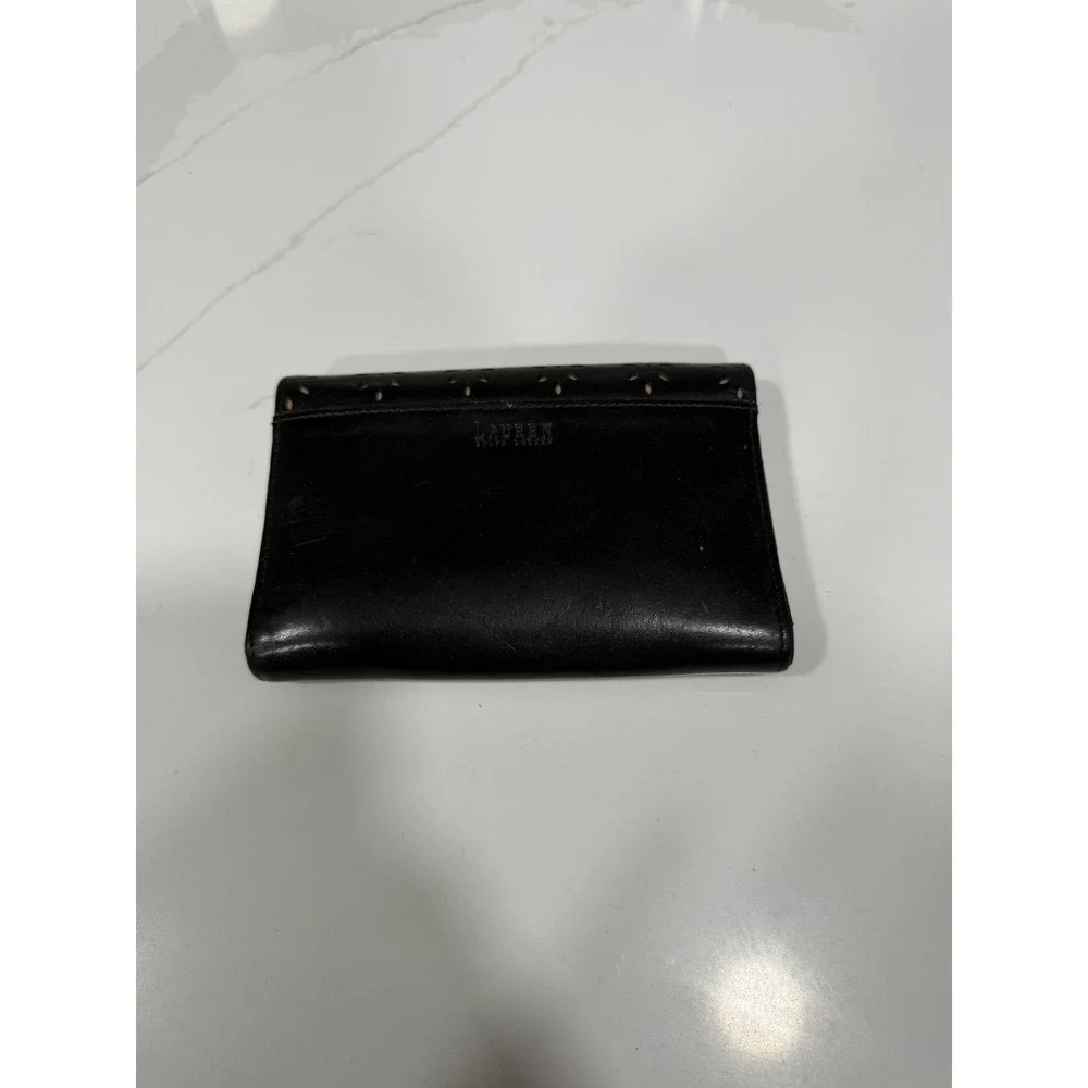 Lauren Ralph Lauren Black Leather Trifold Wallet Floral Eyelet Laser Cut Logo